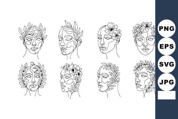 Abstract Line Art Faces with Floral Elem Graphics