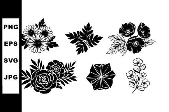 Black and White Floral Vector Set with V Graphics and Illustrations