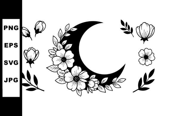 Crescent Moon Floral Vector Art for Graphics and Illustrations