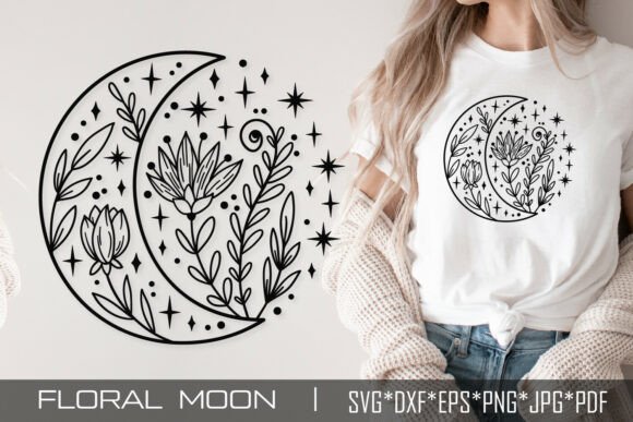 Floral Crescent Moon with SVG Cut File for Graphics & Illustrations