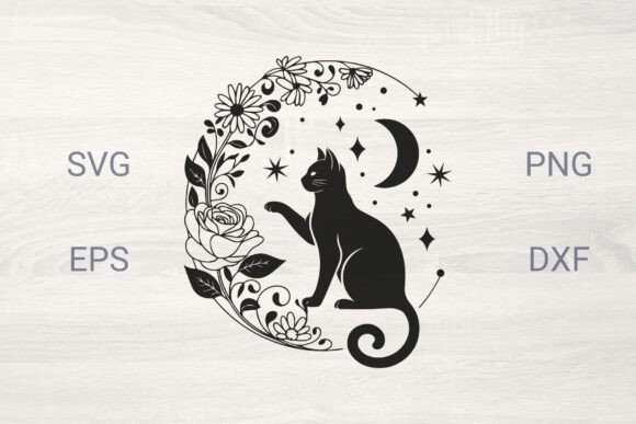 Floral Moon Frame with Cat and Stars Graphics & Illustrations