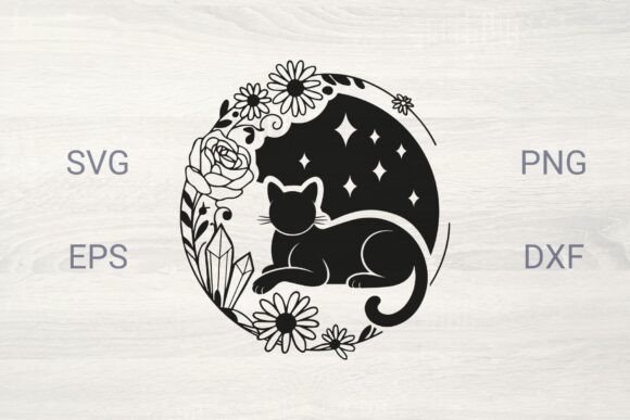 Floral Moon with Sitting Cat Graphics for Illustrations