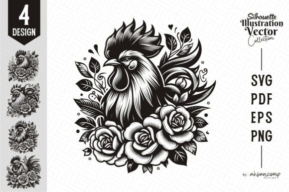 Floral Rooster Silhouette Vector Graphics and Illustrations
