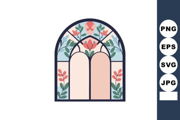 Stained Glass Window with Floral Pattern Graphics for Illustrations