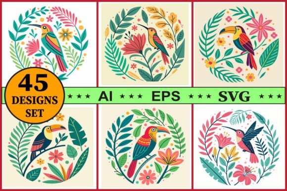 Tropical Bird Vector Clipart Floral Set for Graphics