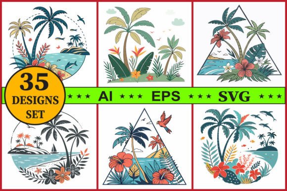 Tropical Floral Beach Scene Vector Set for Graphics and Illustrations