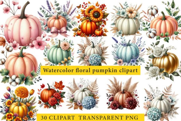 Watercolor Floral Pumpkin Clipart Png for Graphics and Illustrations